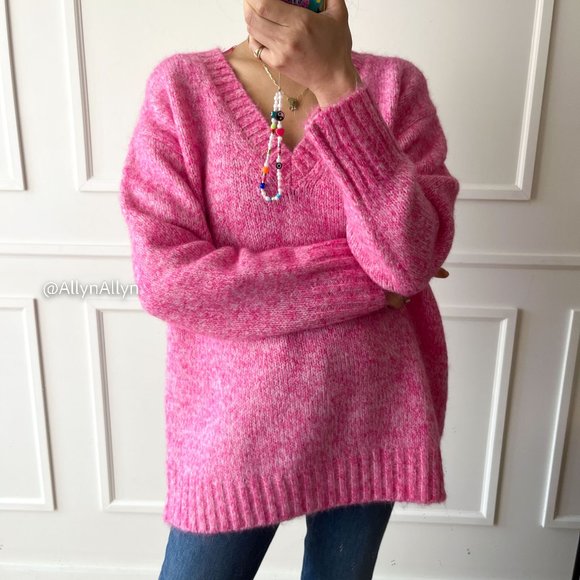 Zara Sweaters - BNWT Hot Pink V-Neck Oversized Sweater